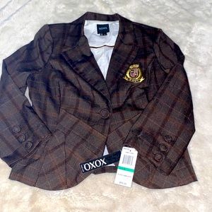 XOXO Brown Plaid Blazer with crest NWT